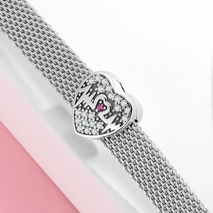 Bracciale a maglia in argento S925 con ciondolo a cuore MOM e micro zirconi lucidi