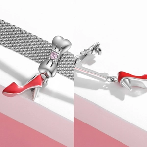 925 sterling silver red high heel charm with pink zircon bow on metal mesh band
