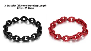 Detail view of 22cm silicone link bracelet with 25 X-shaped buckles in black and red