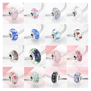 925 Sterling Silver Core Lampwork Glass Charm Beads Flower Petal Heart Starry Sky Pattern DIY Bracelet Jewelry Findings For Women