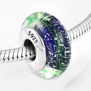 S925 sterling silver heart charm with blue-green nebula glass for DIY bracelets