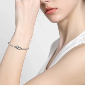 Macro shot of S925 sterling silver snake chain bracelet worn on a model's wrist