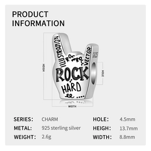 Makro-Detail des Rock-Hard-Handgesten-Anhängers aus 925er Sterlingsilber mit Produktmaßen