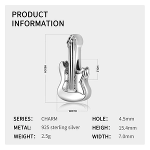Gedetailleerde afmetingen voor een 925 sterling zilveren rockgitaar bedel hanger