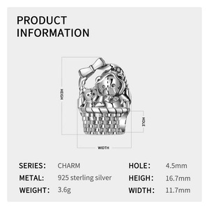 Detailed size specifications of S925 sterling silver bear basket charm for bracelets