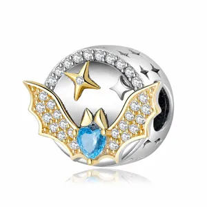 Charm Pipistrello Scintillante in Argento Sterling 925 Zirconia Cuore Blu Placcato Oro Stella Luna DIY per Bracciale Collana Gioielli