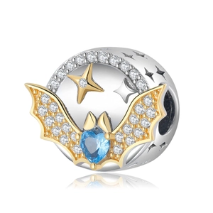 925 silver bat charm with heart-shaped blue stone and gold-plated star wings