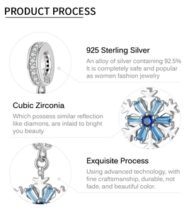Détail macro du charm flocon en argent 925 avec oxydes de zirconium bleus et blancs