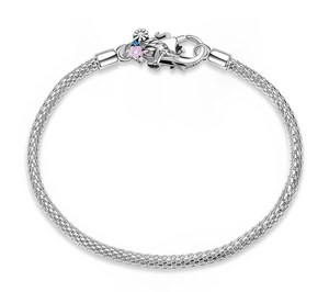 Detailed macro of S925 silver mesh bracelet with elephant charm and colorful stones