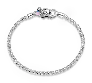 Detailed macro view of S925 sterling silver chain with floral clasp and pink enamel