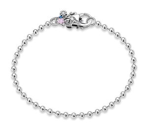 Detailed close-up of S925 sterling silver bead bracelet with pink enamel cherry blossoms