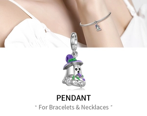 Macro detail of S925 silver ghost pendant with purple enamel hat and white zircons