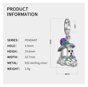 Detailed specs of S925 silver Halloween ghost charm with purple and green enamel details
