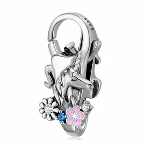 925 Sterling Silver Unicorn Enamel Flower Lobster Clasp Charm Pendant For Bracelet Necklace DIY Jewelry Making Finding