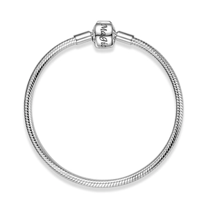 Macro shot of 925 sterling silver snake chain bracelet with Magic engraved clasp detail
