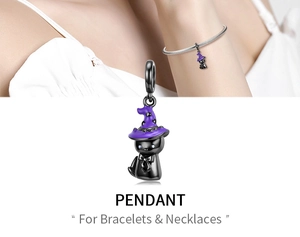 Detail of black cat charm with purple wizard hat for DIY bracelets and necklaces