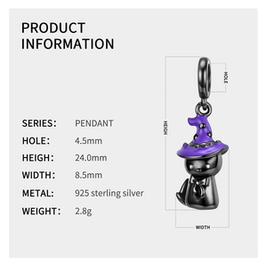 Technical drawing of a 925 silver black cat pendant with dimensions and specifications