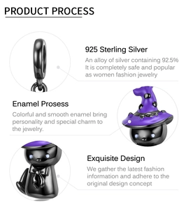 Detailed close-up of S925 sterling silver black cat charm with purple witch hat