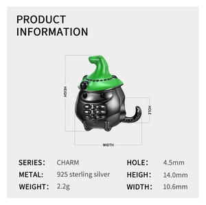 Detailed specs of S925 sterling silver black cat charm with 4.5mm hole diameter