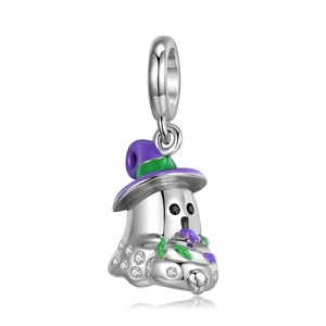 S925 sterling silver Halloween ghost wizard charm with purple hat and white zircons