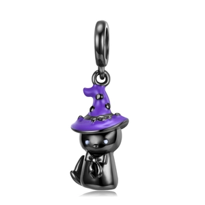 Cute S925 sterling silver black cat pendant with purple wizard hat for DIY bracelets