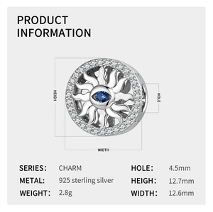 Nahaufnahme des S925 Silber Sonnenanhängers mit blauem Stein und Maßangaben