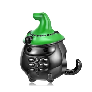 Black plated S925 silver wizard cat charm with green enamel hat for DIY bracelets