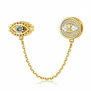 925 Sterling Silver Gold Plated Evil Eye Safety Chain Charm For Bracelet Zirconia Star Heart Women Fashion Jewelry Gift