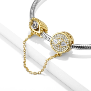 Abalorio de Cadena de Seguridad de Plata de Ley 925 Chapado en Oro Ojo Turco para Pulsera Zirconia Estrella Corazón Joyería Mujer