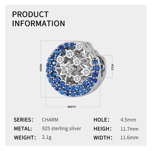 Detailed specs of S925 sterling silver blue moon charm with zircon pave for DIY jewelry
