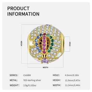 Detailed size chart for the S925 silver sparkling hot air balloon bead charm for bracelets