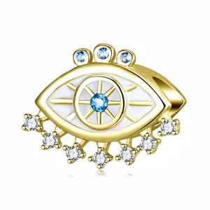 925 Sterling Silver Evil Eye Charm With Blue Cubic Zirconia Enamel Eyelashes Beads For DIY Bracelet Necklace Jewelry