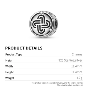 925 Sterling Silver Solomon's Knot Charm bead with hollow hearts and 11.4mm dimensions