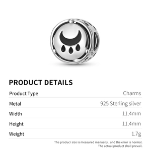 S925 sterling silver moon and water drop charm with measurements and weight details