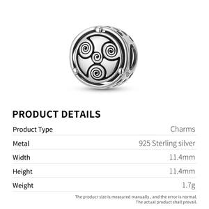 925 Sterling Silver Triskele Spiral Charm Bead for Bracelets 11.4mm Vintage Accessory