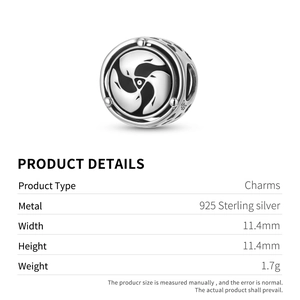 925 Sterling Silver three-fish charm bead with spiral pattern and S925 hallmark