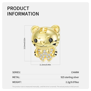 Golden tiger S925 sterling silver bead charm with white zircon stones for DIY bracelets