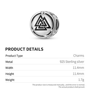 925 sterling silver Valknut charm bead with oxidized finish for Nordic bracelets