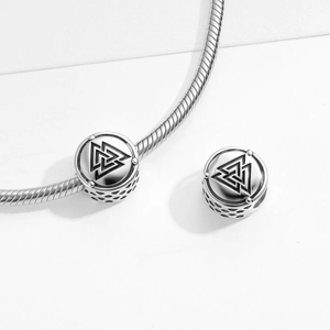 925 silver Valknut bead charm with Nordic triangle symbol and hollow mesh pattern