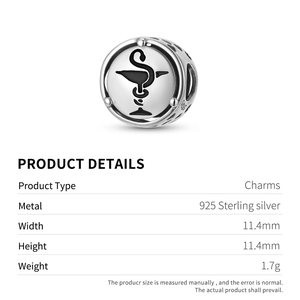 S925 sterling silver Owl of Hygieia medical symbol charm bead with black enamel