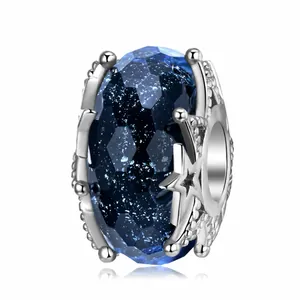 925 Sterling Silver Murano Glass Bead Deep Blue Starry Sky Pattern Star Charm For Bracelet Necklace DIY Jewelry Making