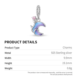 S925 sterling silver moon charm with pink heart gemstone and blue starry enamel