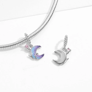 S925 sterling silver moon flower charm with blue star enamel and pink gemstone
