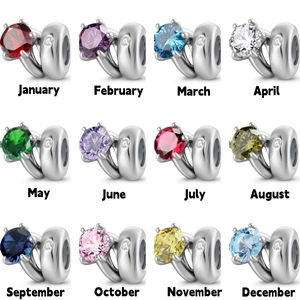 925 Sterling Silver Birthstone Charm Oxidized Silver Round Rhinestone Bead For DIY Jewelry Making Bracelet Necklace Women