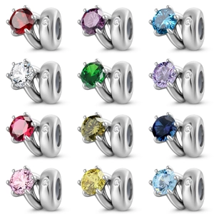 Set of twelve S925 silver charms with round faceted birthstones for DIY bracelets