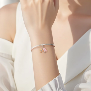 Pulsera de viaje de plata S925 con colgantes de avión naranja y maleta rosa para mujer