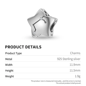 S925 sterling silver star zodiac charm with white zircon stones for DIY jewelry