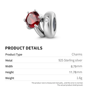 S925 sterling silver charm with round red ruby and micro-inlaid zircon detail