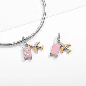 Abalorio de viaje en plata 925 con avión y maleta rosa para pulseras de abalorios