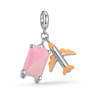 Colgante de avión de viaje y maleta rosa de plata de ley S925 con esmalte colorido